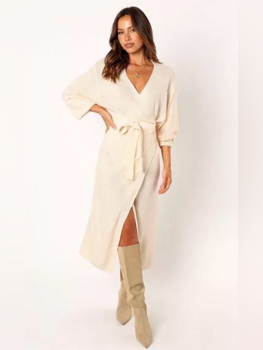 Petal & Pup Women's Nova Wrap Knit Midi Dress Cream